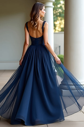 Navy Spaghetti Straps A Line Long Formal Dress with Lace